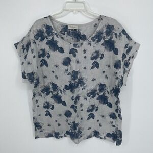 Bellambia Women's Gray Floral Linen Short Sleeve Blouse Size Large